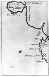 Brobdingnagin kartta, kuvitus Jonathan Swiftin "Gulliverin matkat" ensimmäisestä painoksesta, 1726 (painettu)